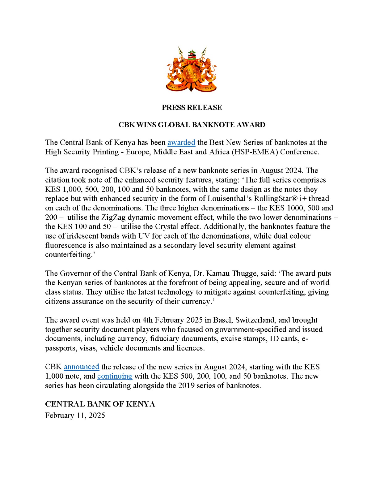 Press Release: CBK Wins Global Banknote Award